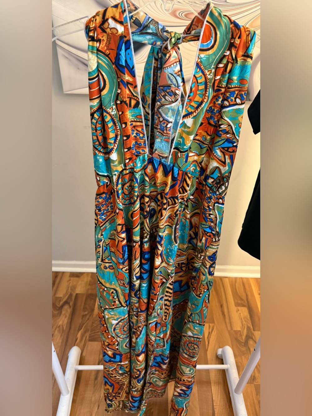 Vibrant Turquoise & Orange Halter Maxi Dress
